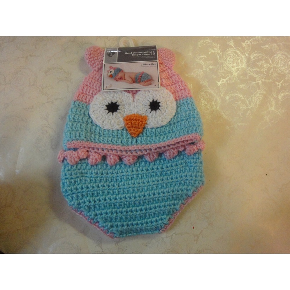 Hand crochet OWL 2 piece hat and diaper cover infant 0-9M baby set NWT‎